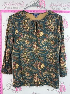 Chaps shirt Teal Floral Long Sleeve Blouse with Mustard and Burgundy Accents